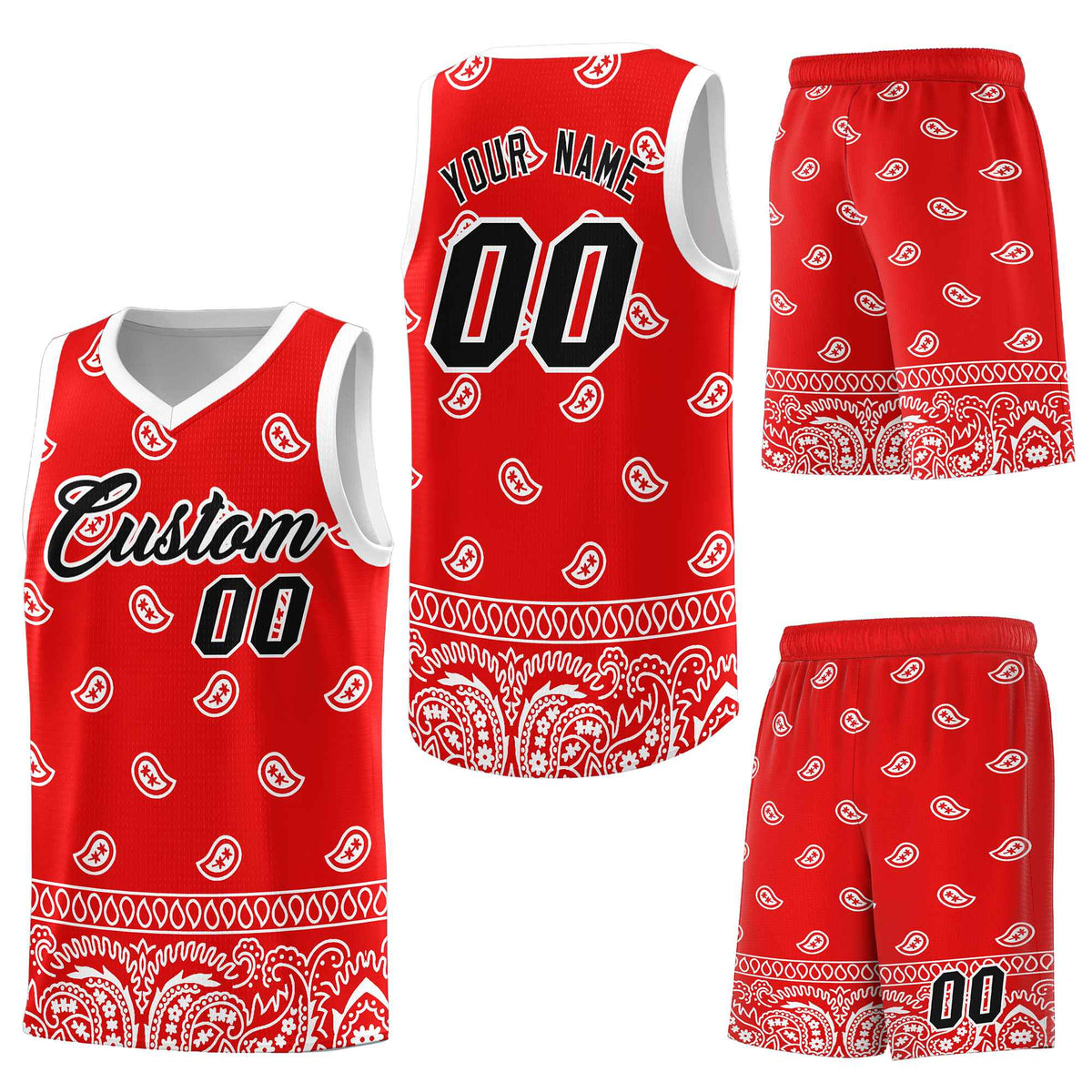 Custom Red White Personalized Cashew Pattern Sports Uniform Basketball Jersey