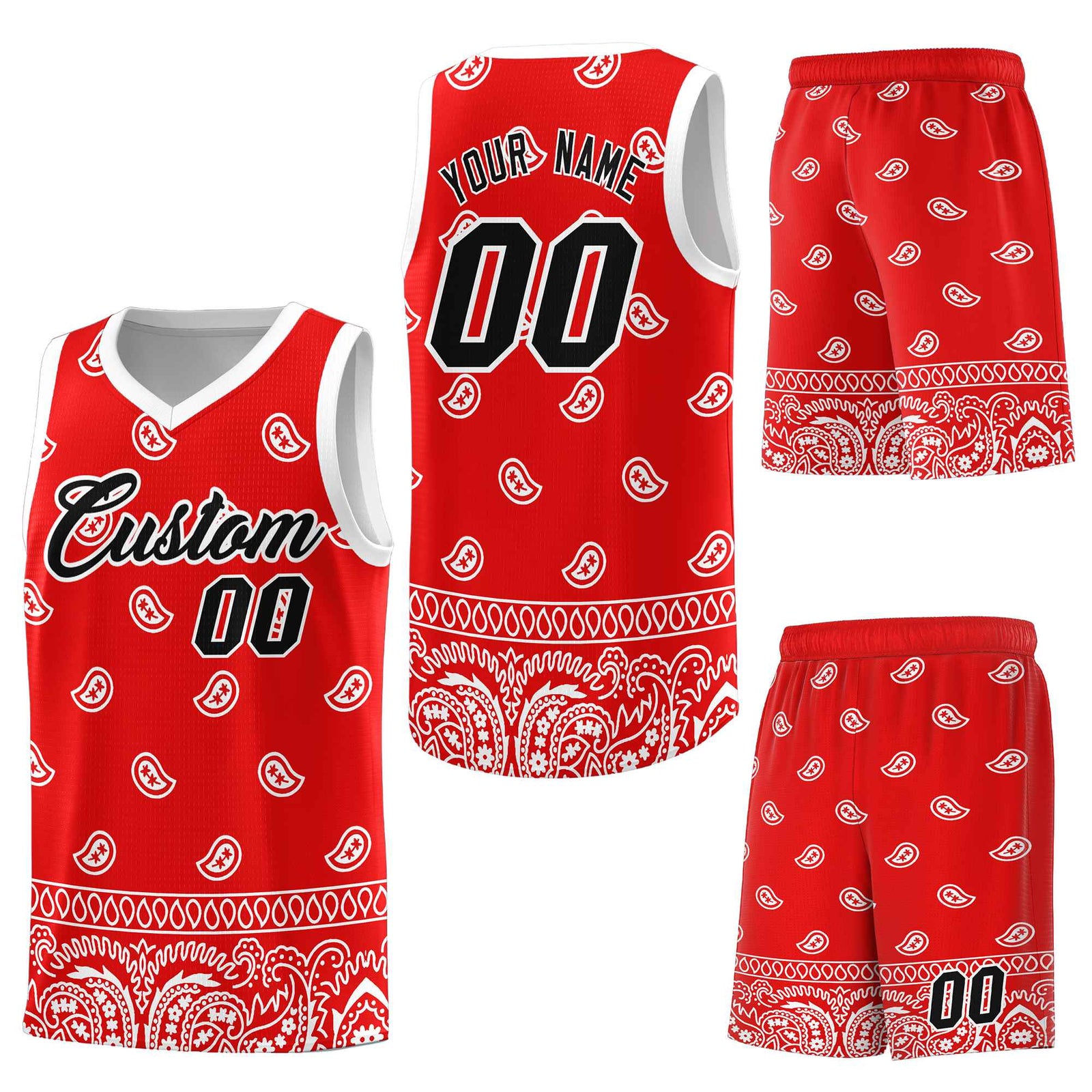 Custom Red White Personalized Cashew Pattern Sports Uniform Basketball Jersey