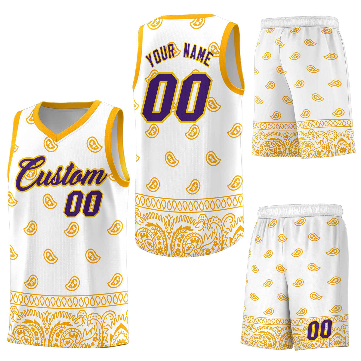 Custom White Yellow Personalized Cashew Pattern Sports Uniform Basketball Jersey