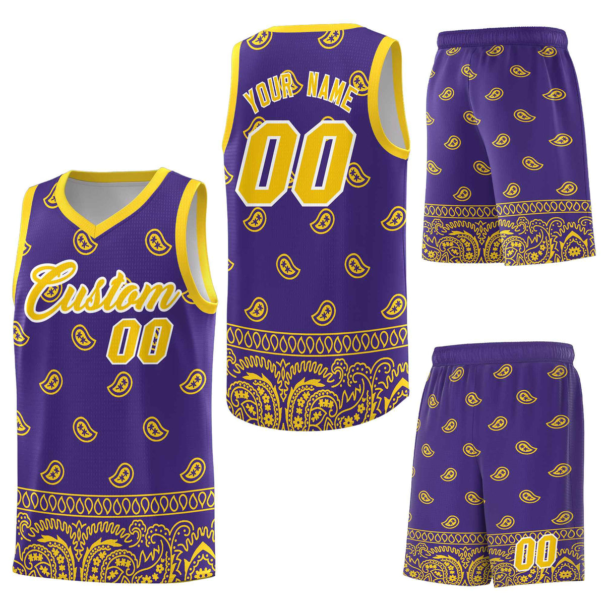Custom Purple Gold Personalized Cashew Pattern Sports Uniform Basketball Jersey