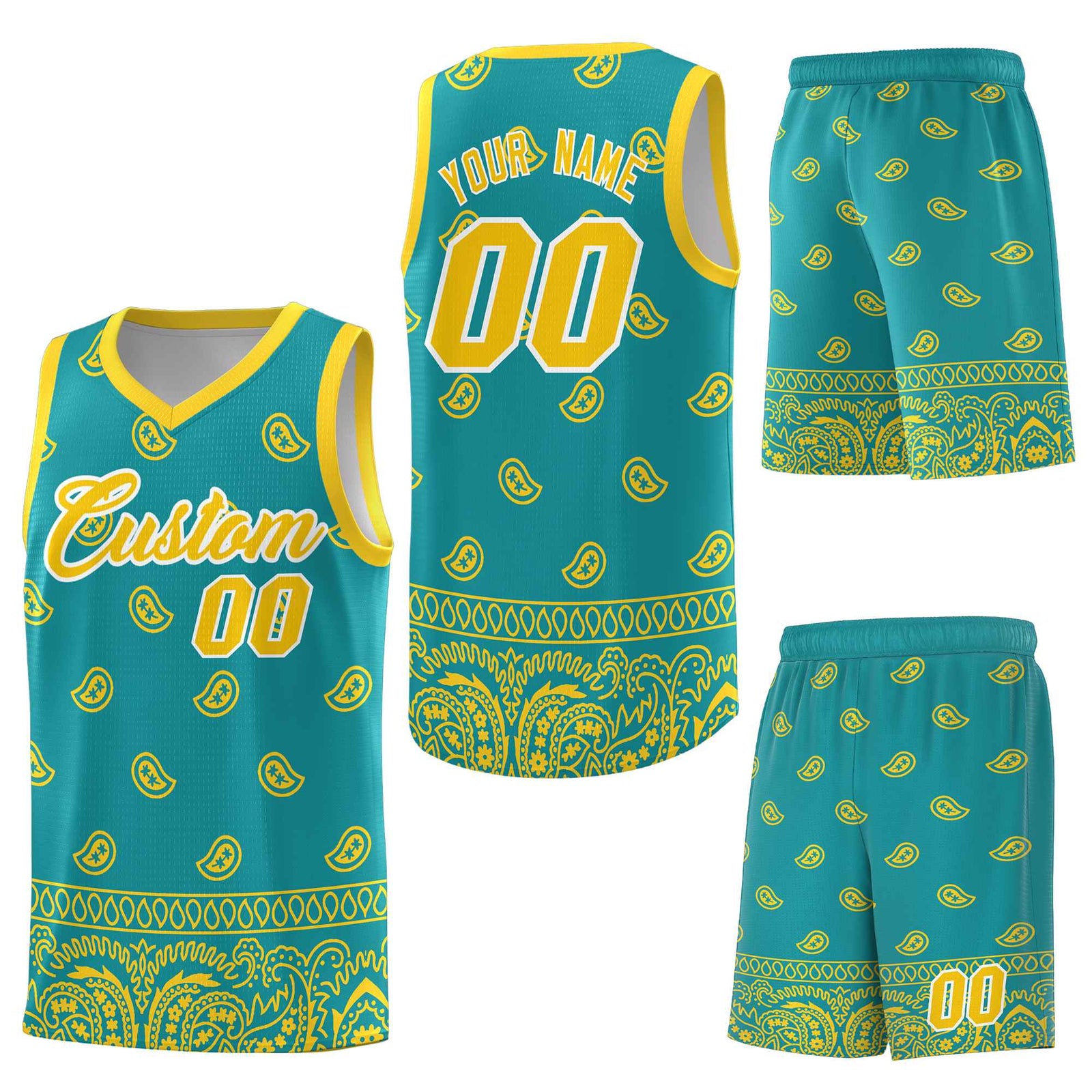 Custom Aqua Gold Personalized Cashew Pattern Sports Uniform Basketball Jersey