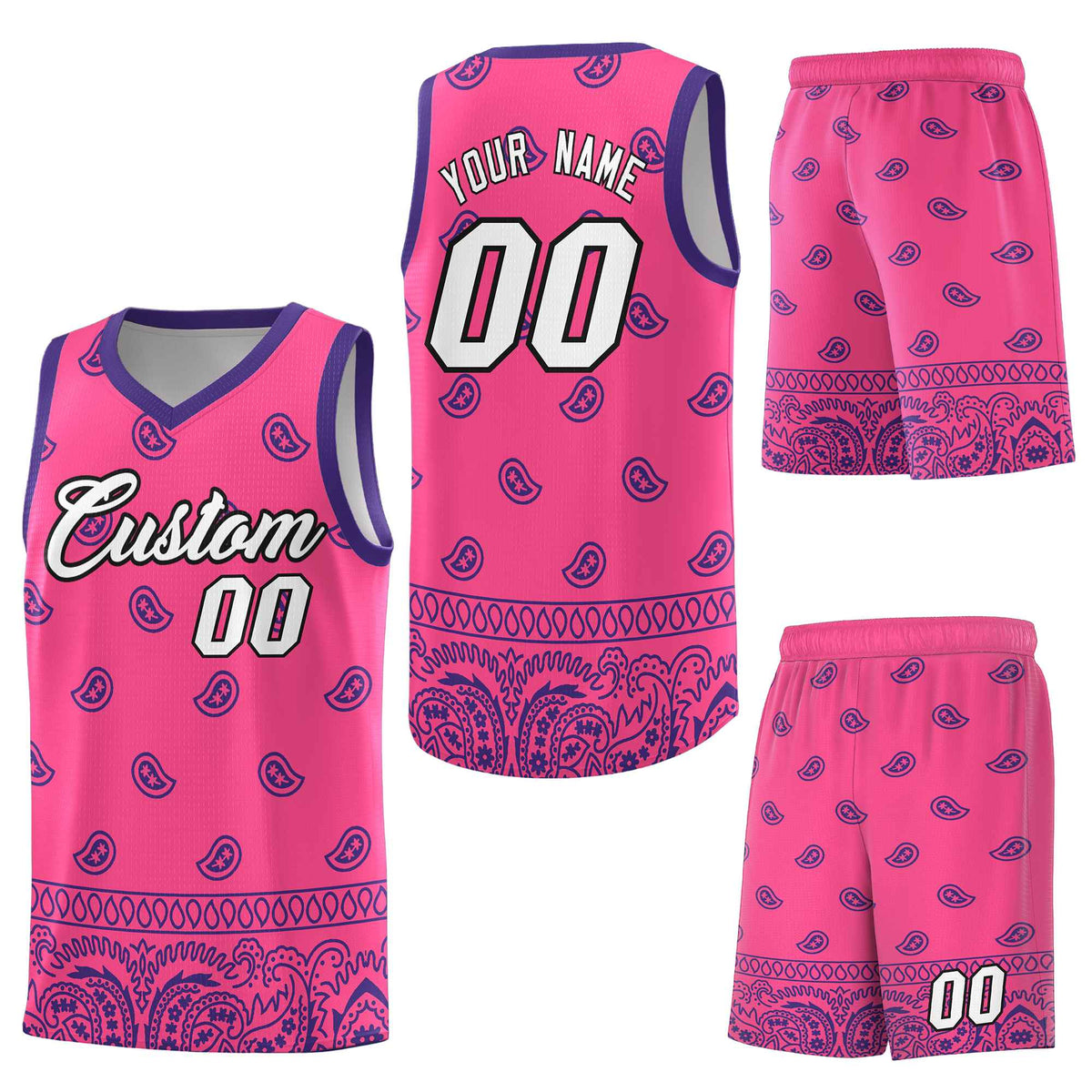 Custom Pink Purple Personalized Cashew Pattern Sports Uniform Basketball Jersey