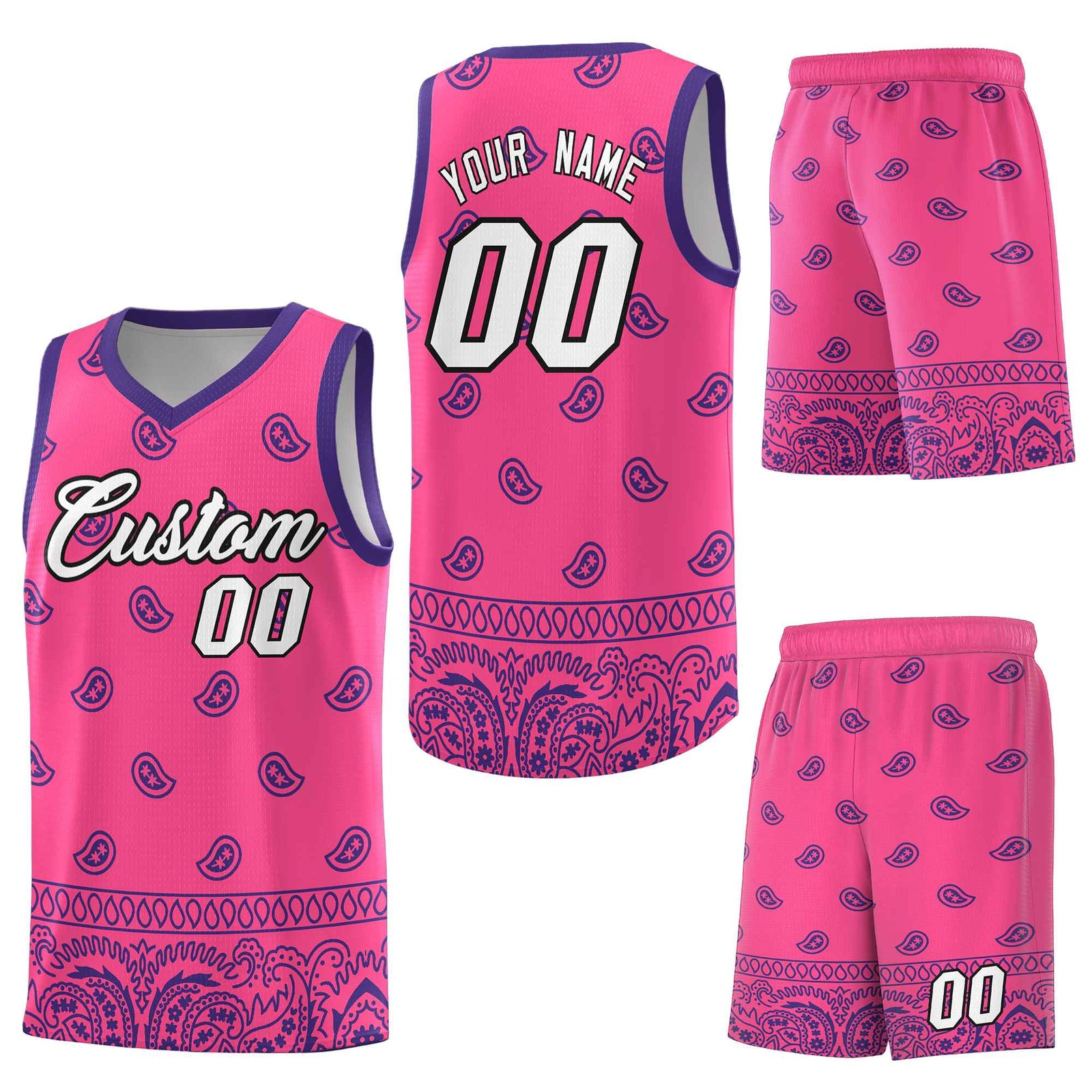 Custom Pink Purple Personalized Cashew Pattern Sports Uniform Basketball Jersey
