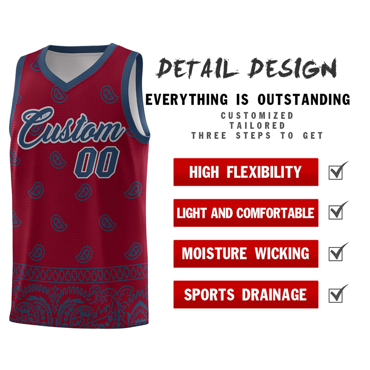 Custom Crimson Midnight Blue Personalized Cashew Pattern Sports Uniform Basketball Jersey