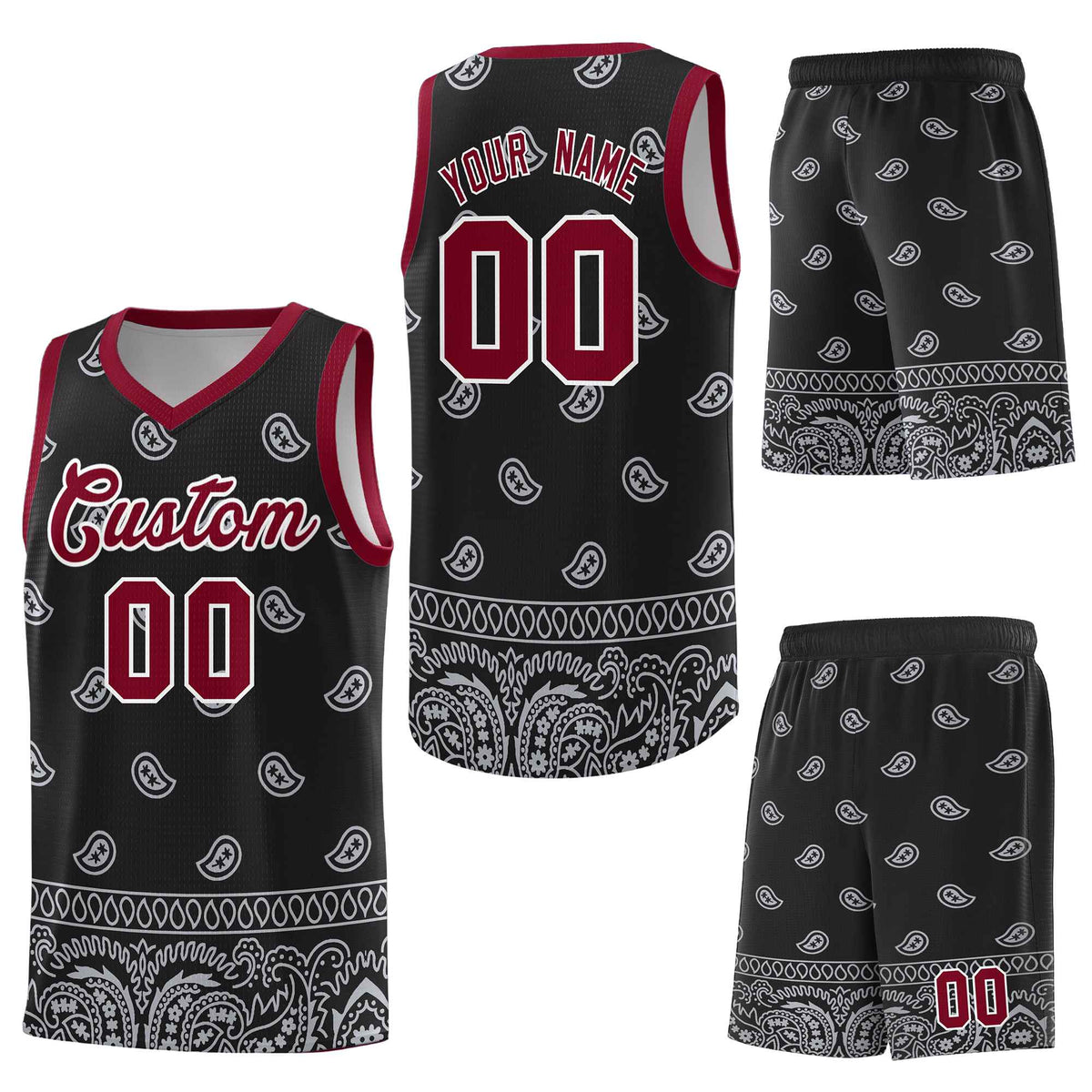 Custom Black Gray Personalized Cashew Pattern Sports Uniform Basketball Jersey