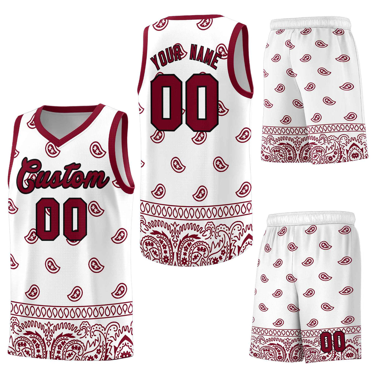 Custom White Crimson Personalized Cashew Pattern Sports Uniform Basketball Jersey