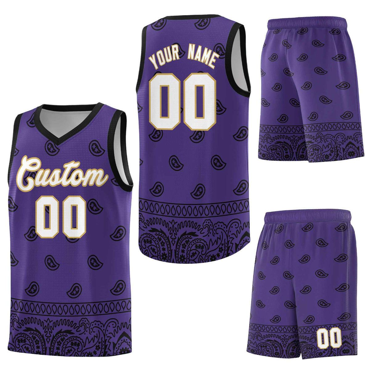 Custom Purple Black Personalized Cashew Pattern Sports Uniform Basketball Jersey