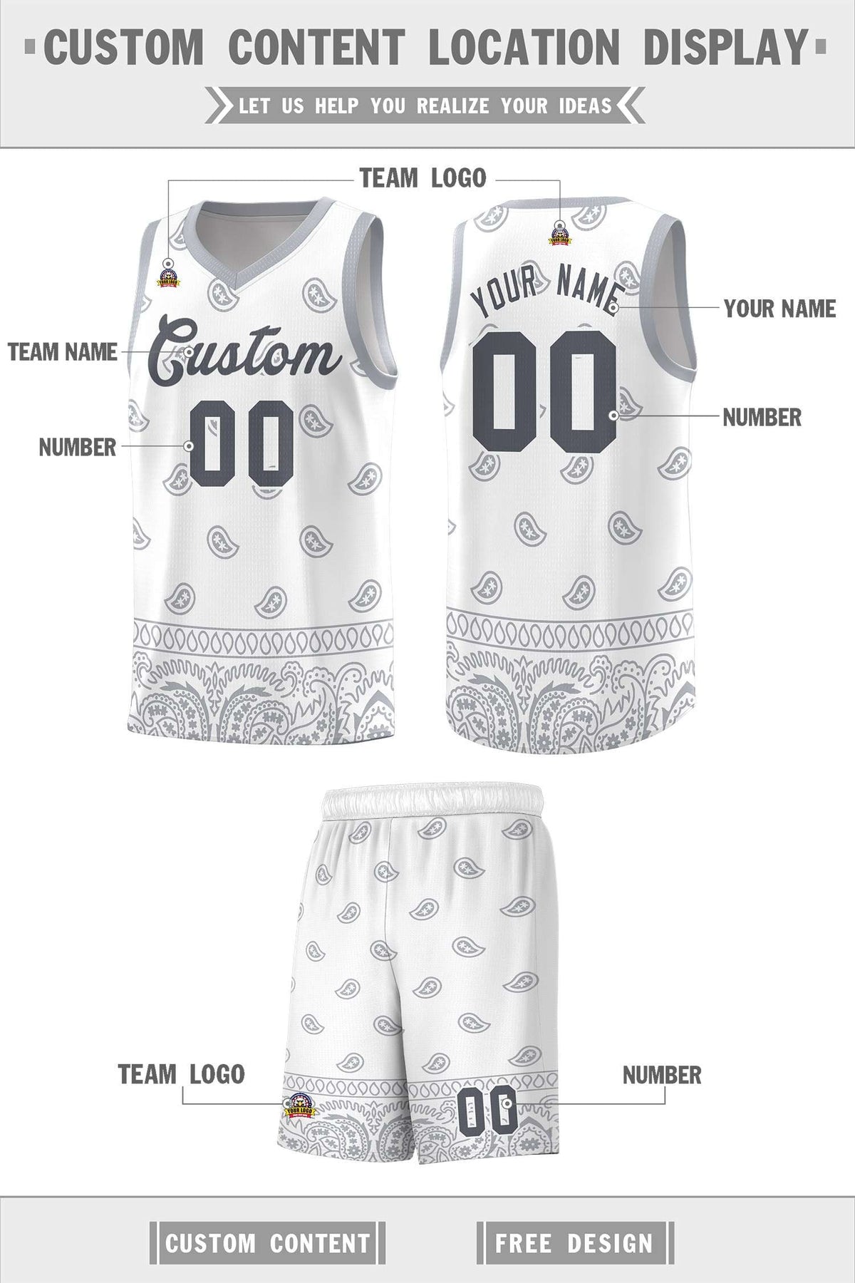Custom White Gray Personalized Cashew Pattern Sports Uniform Basketball Jersey