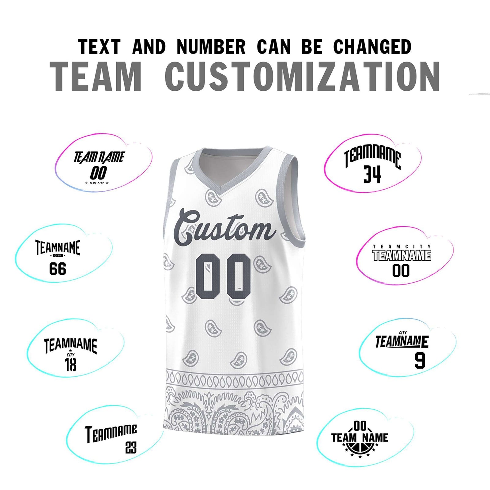 Custom White Gray Personalized Cashew Pattern Sports Uniform Basketball Jersey
