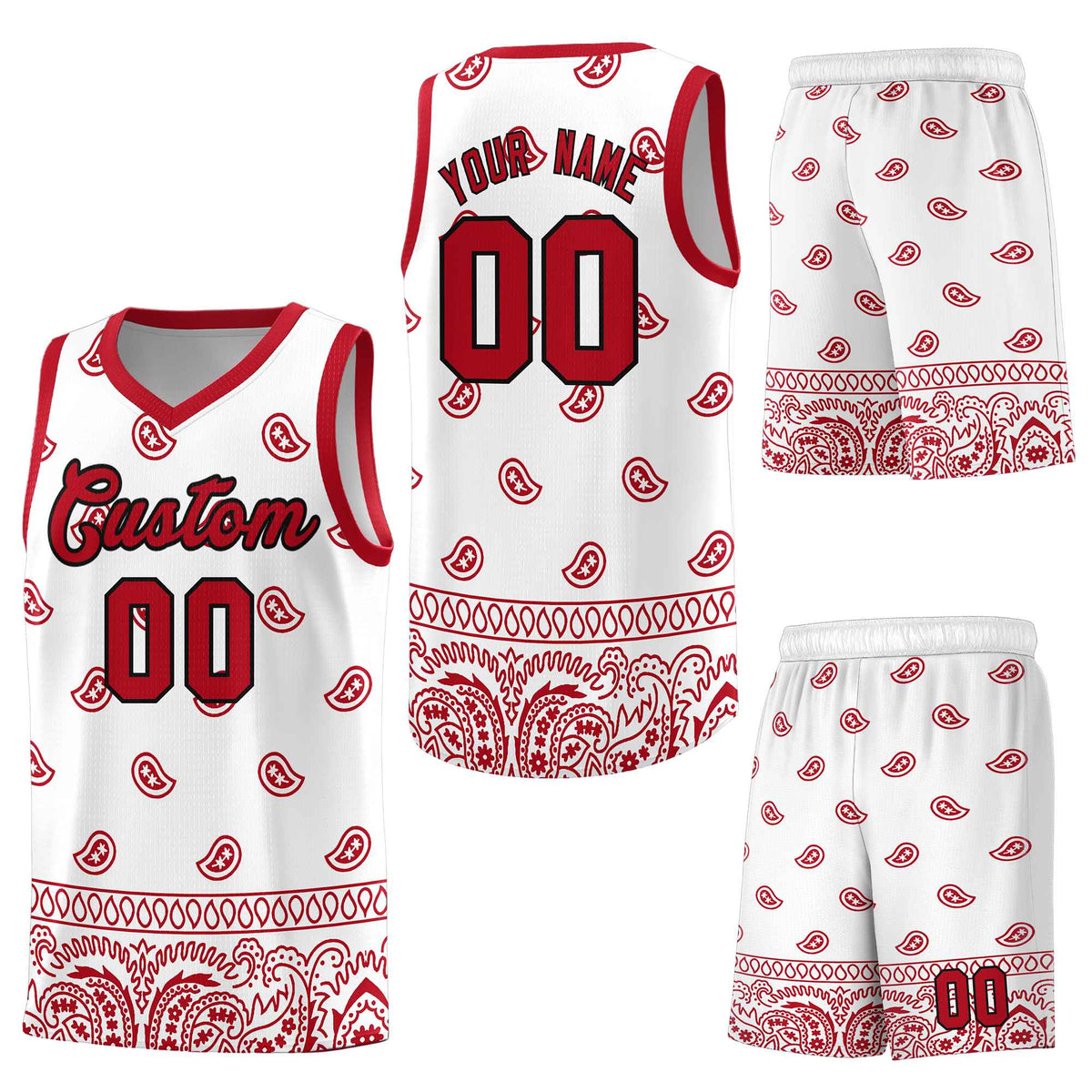 Custom White Red Personalized Cashew Pattern Sports Uniform Basketball Jersey