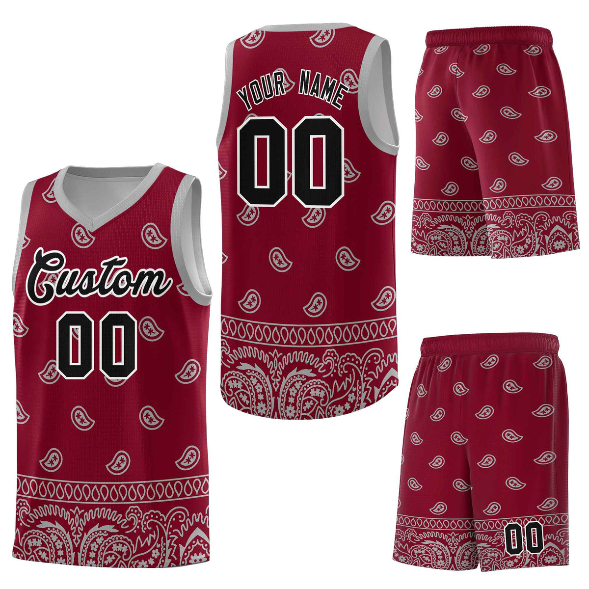 Custom Crimson Gray Personalized Cashew Pattern Sports Uniform Basketball Jersey