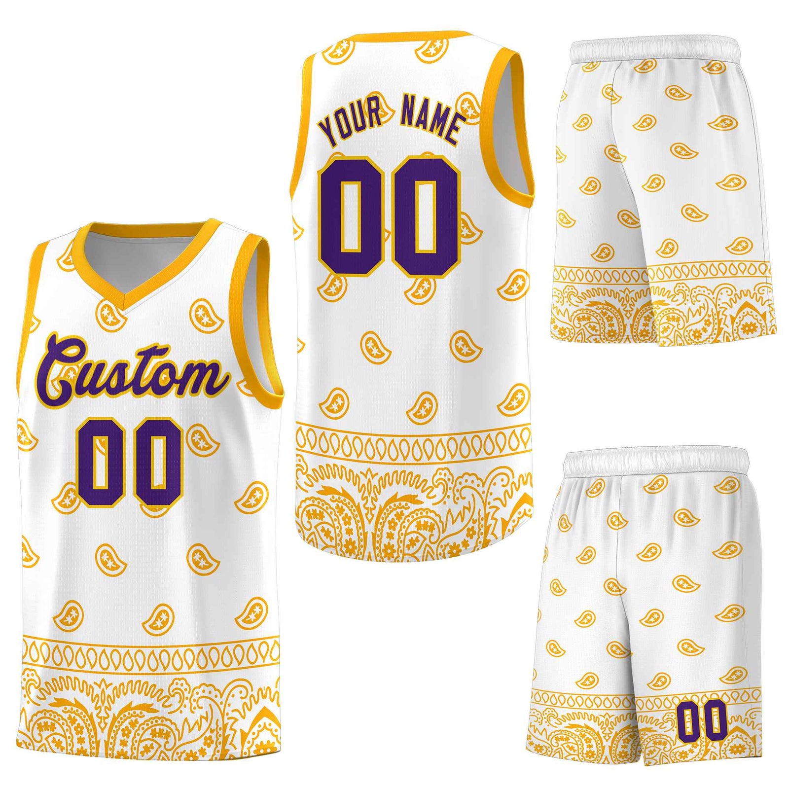 Custom White Yellow Personalized Cashew Pattern Sports Uniform Basketball Jersey