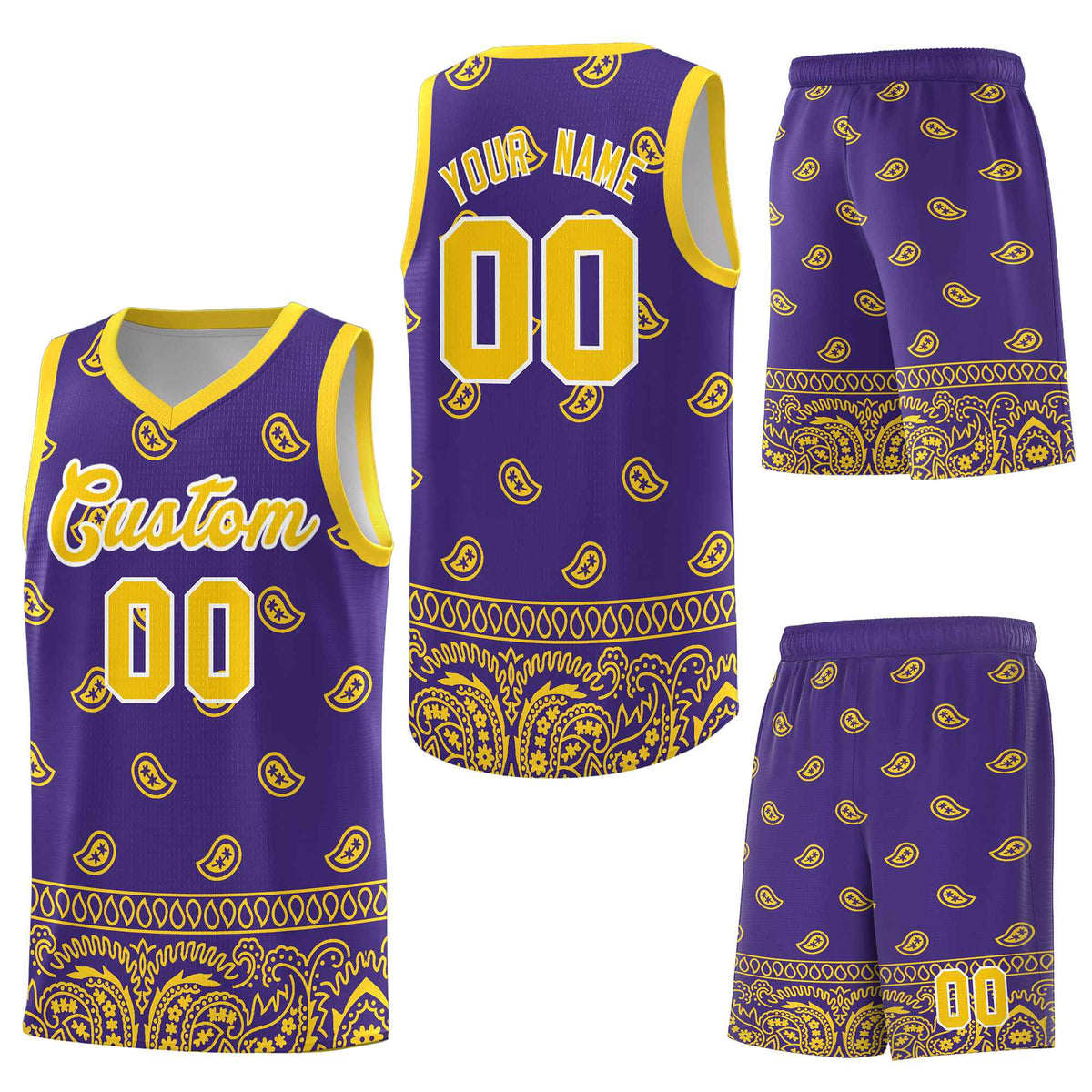 Custom Purple Gold Personalized Cashew Pattern Sports Uniform Basketball Jersey