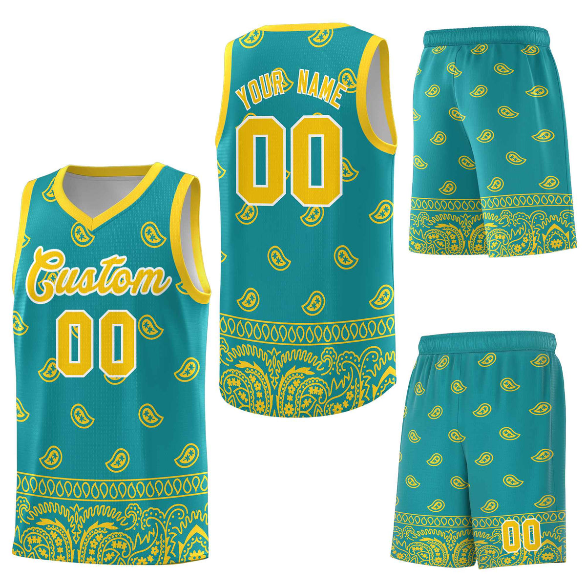 Custom Aqua Gold Personalized Cashew Pattern Sports Uniform Basketball Jersey