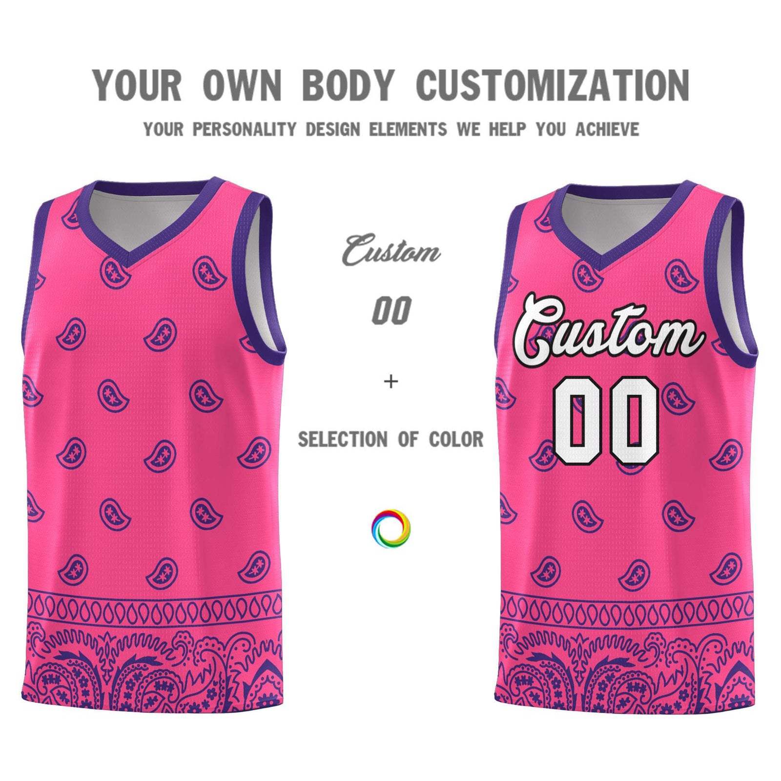 Custom Pink Purple Personalized Cashew Pattern Sports Uniform Basketball Jersey