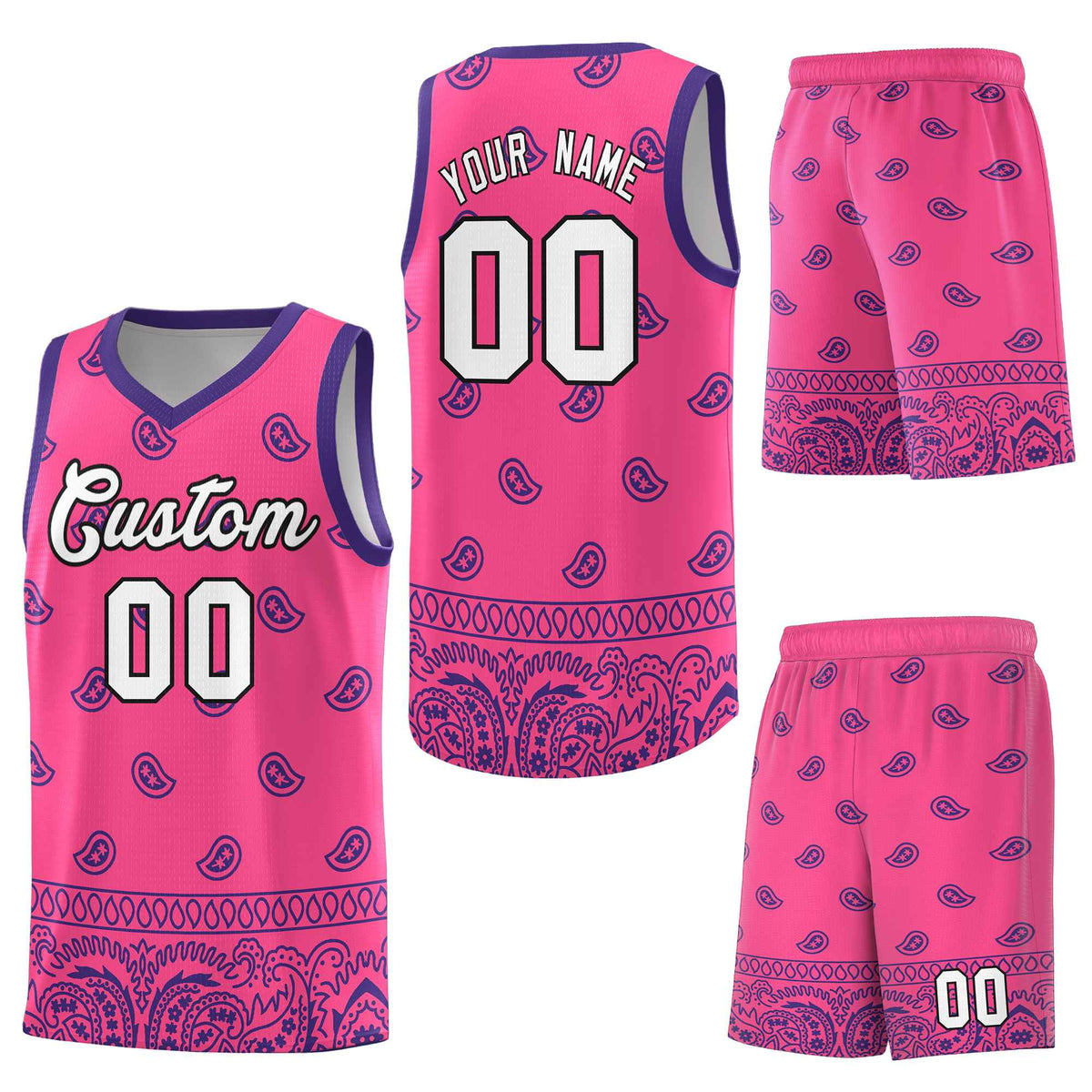 Custom Pink Purple Personalized Cashew Pattern Sports Uniform Basketball Jersey