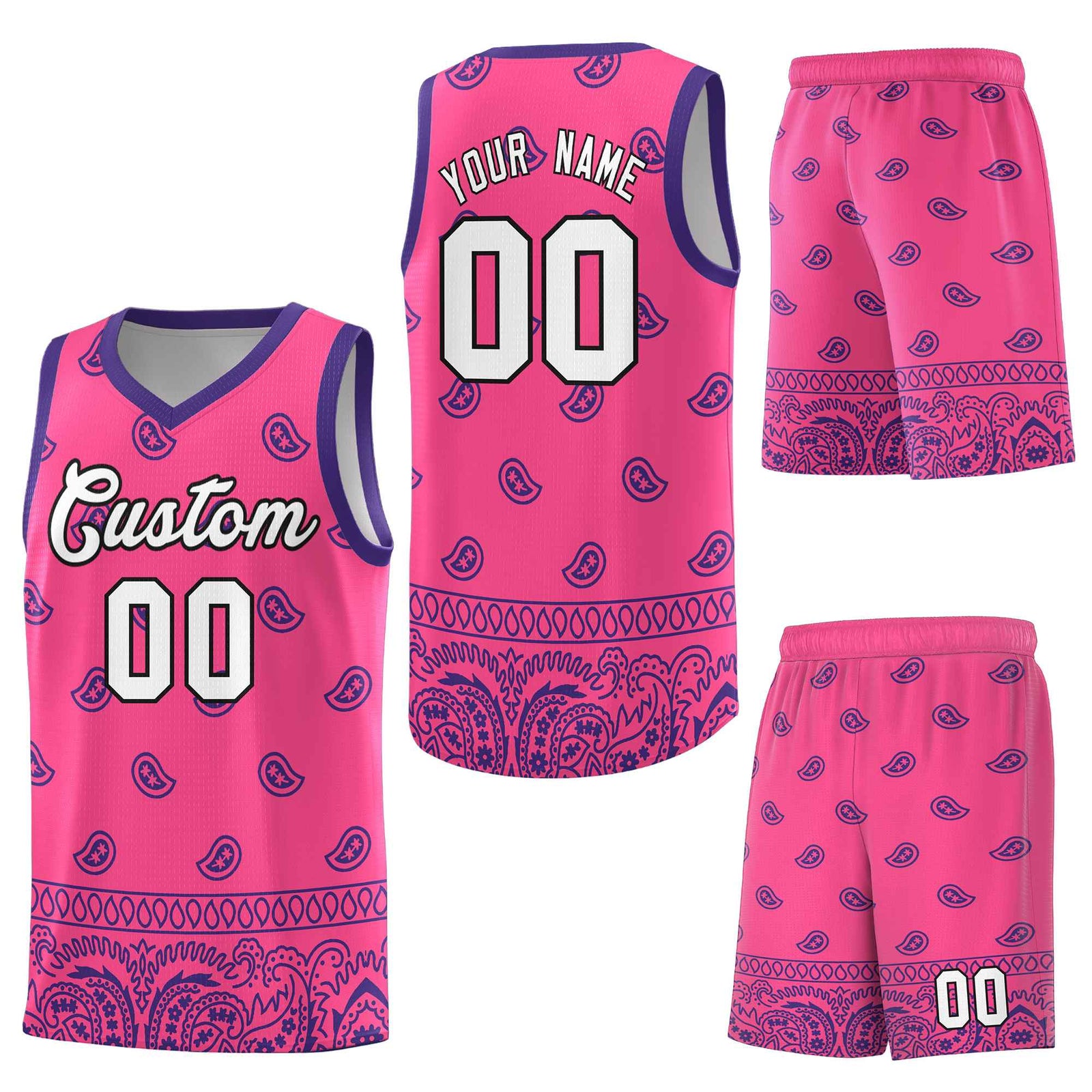 Custom Pink Purple Personalized Cashew Pattern Sports Uniform Basketball Jersey