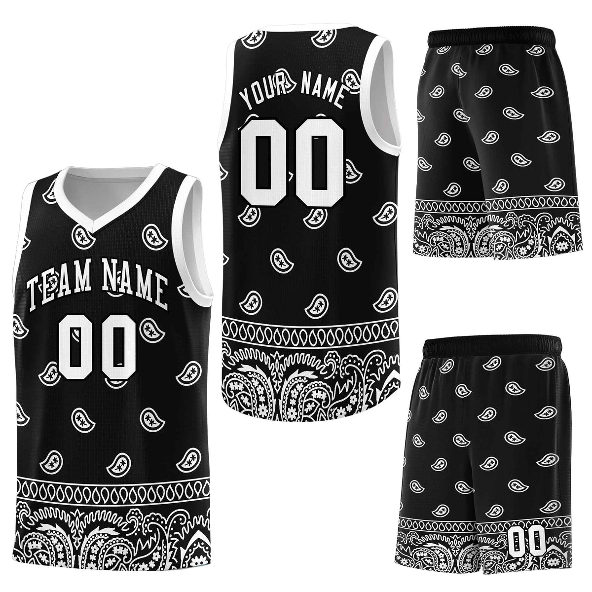 Custom Black White Personalized Cashew Pattern Sports Uniform Basketball Jersey