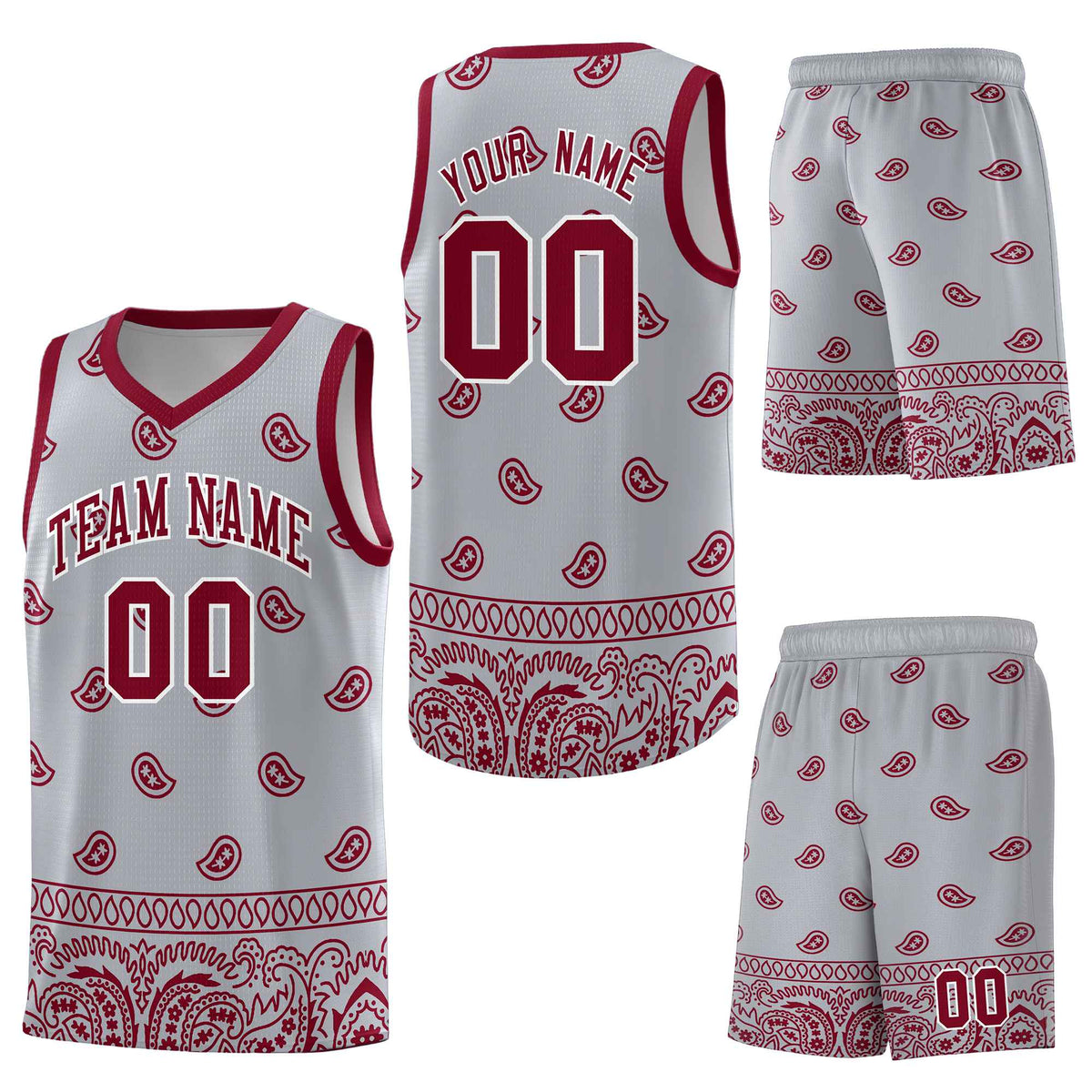 Custom Gray Crimson Personalized Cashew Pattern Sports Uniform Basketball Jersey