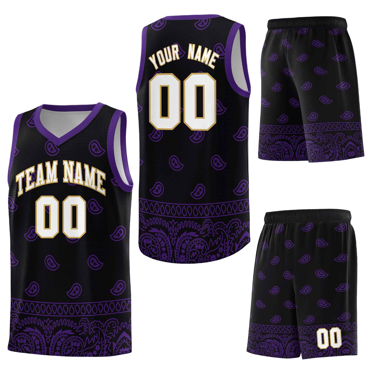 Custom Black Purple Personalized Cashew Pattern Sports Uniform Basketball Jersey