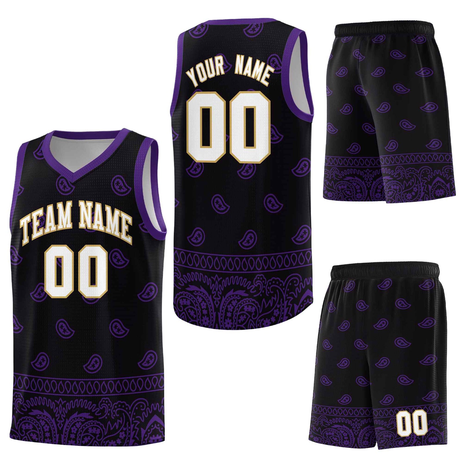 Custom Black Purple Personalized Cashew Pattern Sports Uniform Basketball Jersey