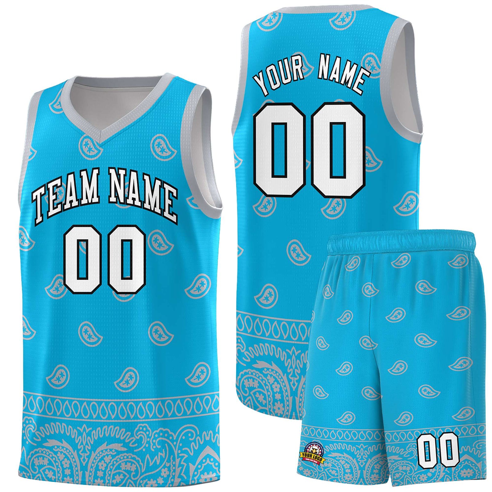 Custom Sky Blue Gray Personalized Cashew Pattern Sports Uniform Basketball Jersey