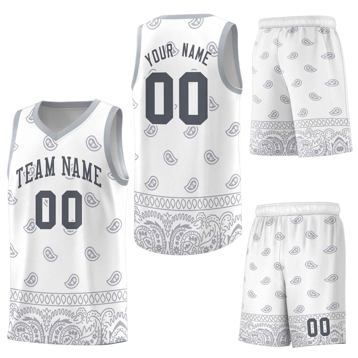 Custom White Gray Personalized Cashew Pattern Sports Uniform Basketball Jersey