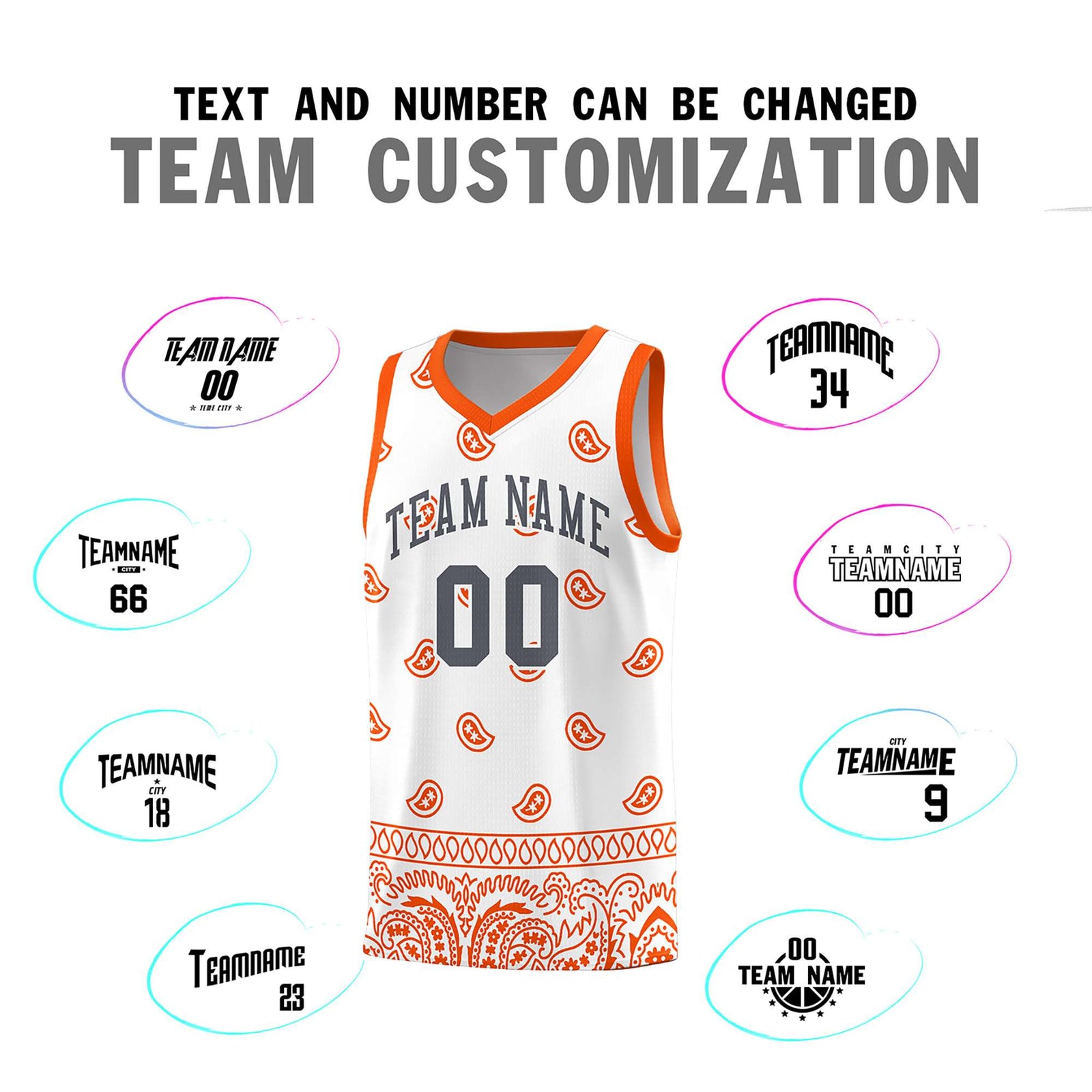 Custom White Orange Personalized Cashew Pattern Sports Uniform Basketball Jersey