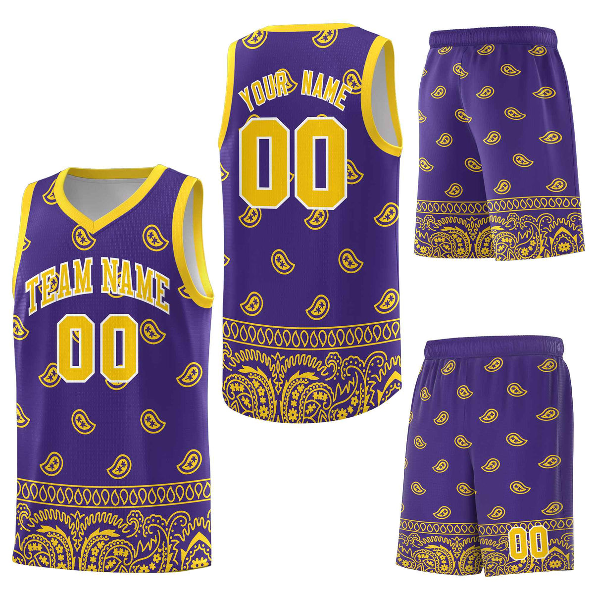 Custom Purple Gold Personalized Cashew Pattern Sports Uniform Basketball Jersey