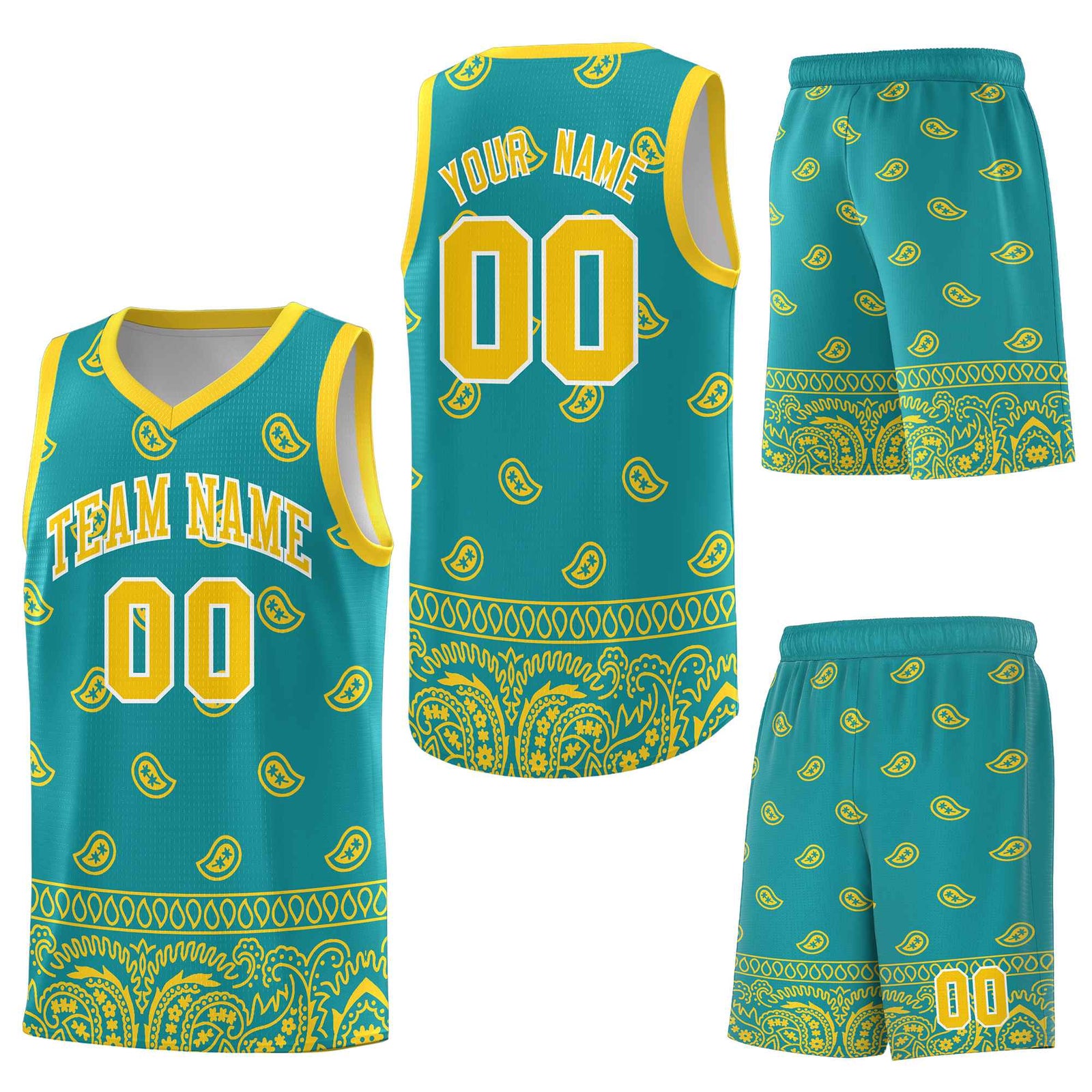 Custom Aqua Gold Personalized Cashew Pattern Sports Uniform Basketball Jersey