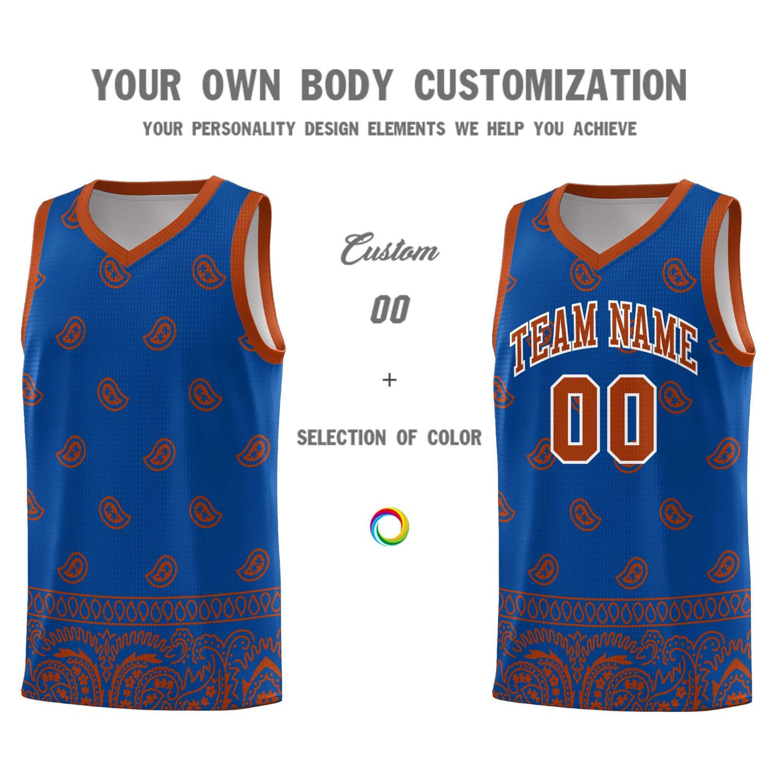 Custom Royal Texas Orange Personalized Cashew Pattern Sports Uniform Basketball Jersey