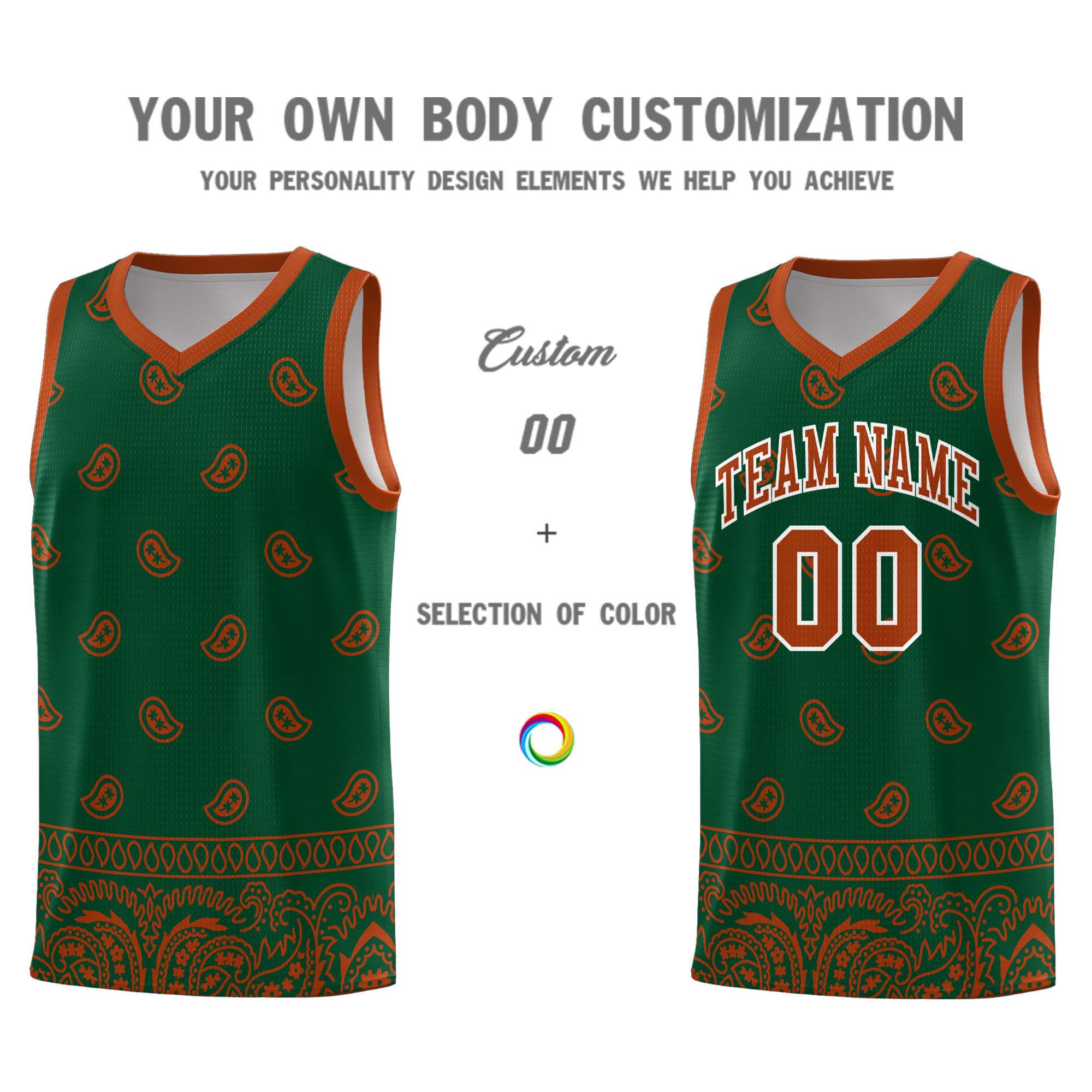 Custom Green Texas Orange Personalized Cashew Pattern Sports Uniform Basketball Jersey