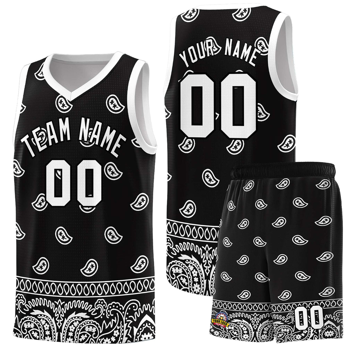 Custom Black White Personalized Cashew Pattern Sports Uniform Basketball Jersey