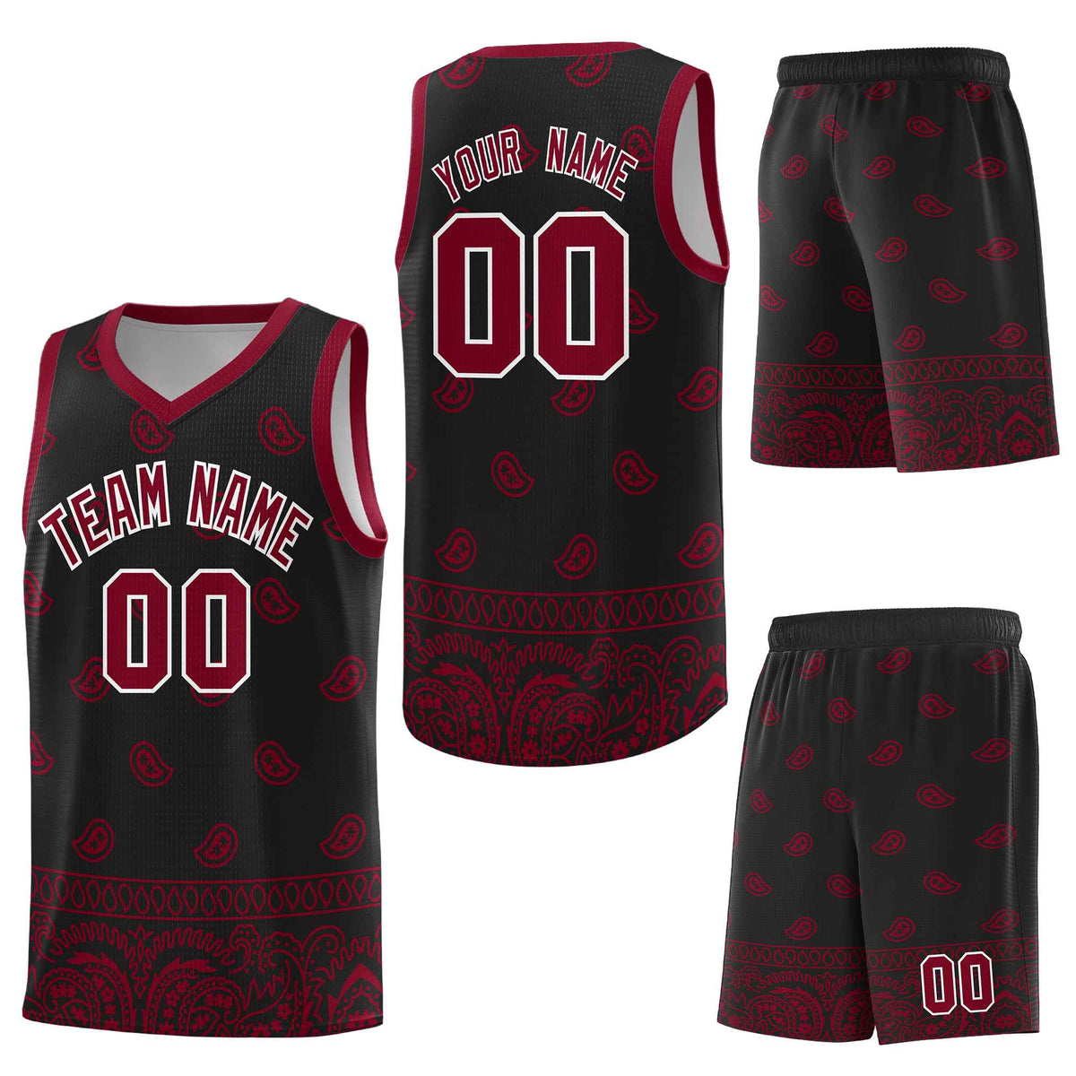 Custom Black Crimson Personalized Cashew Pattern Sports Uniform Basketball Jersey