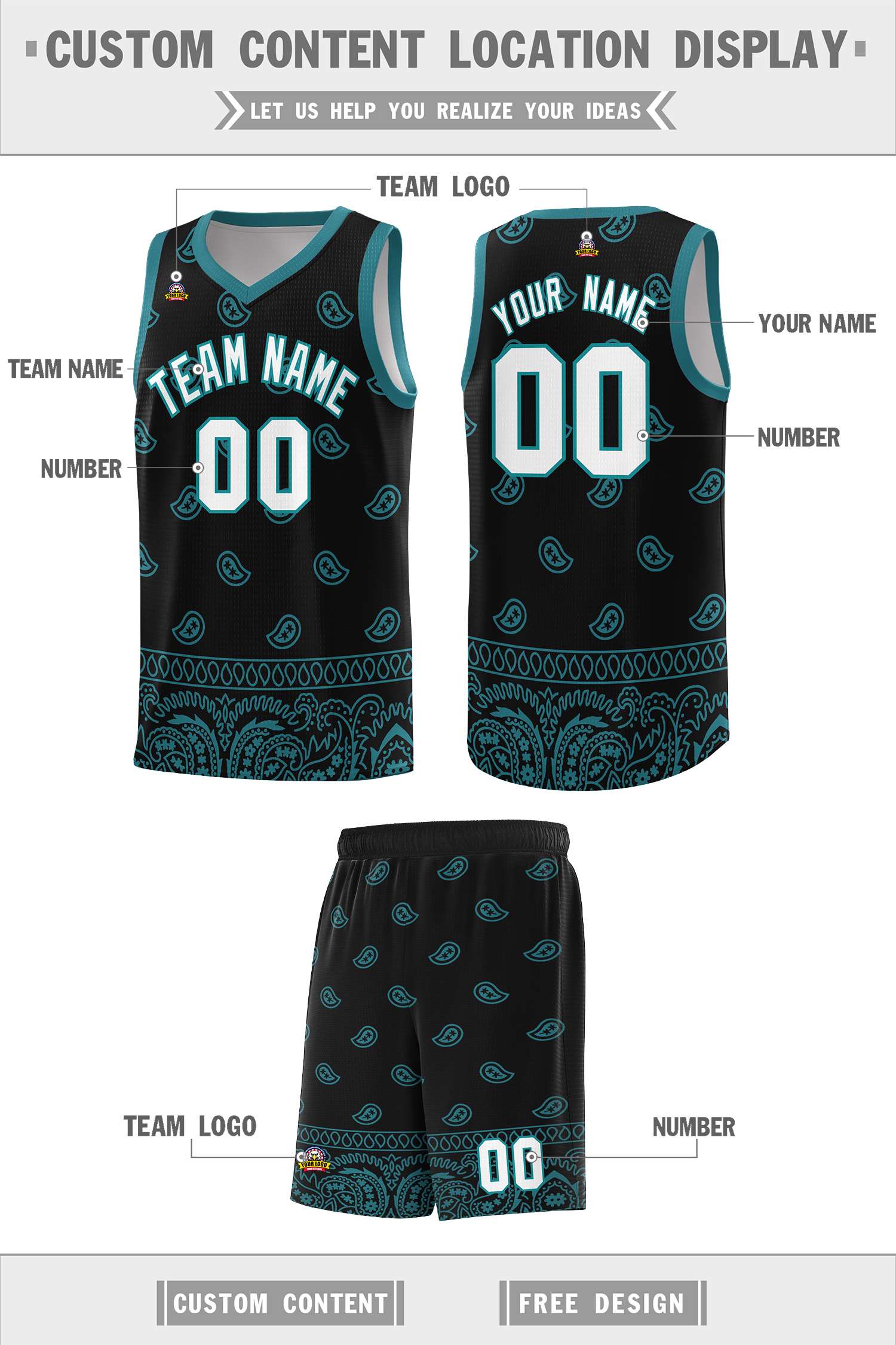Custom Black Aqua Personalized Cashew Pattern Sports Uniform Basketball Jersey