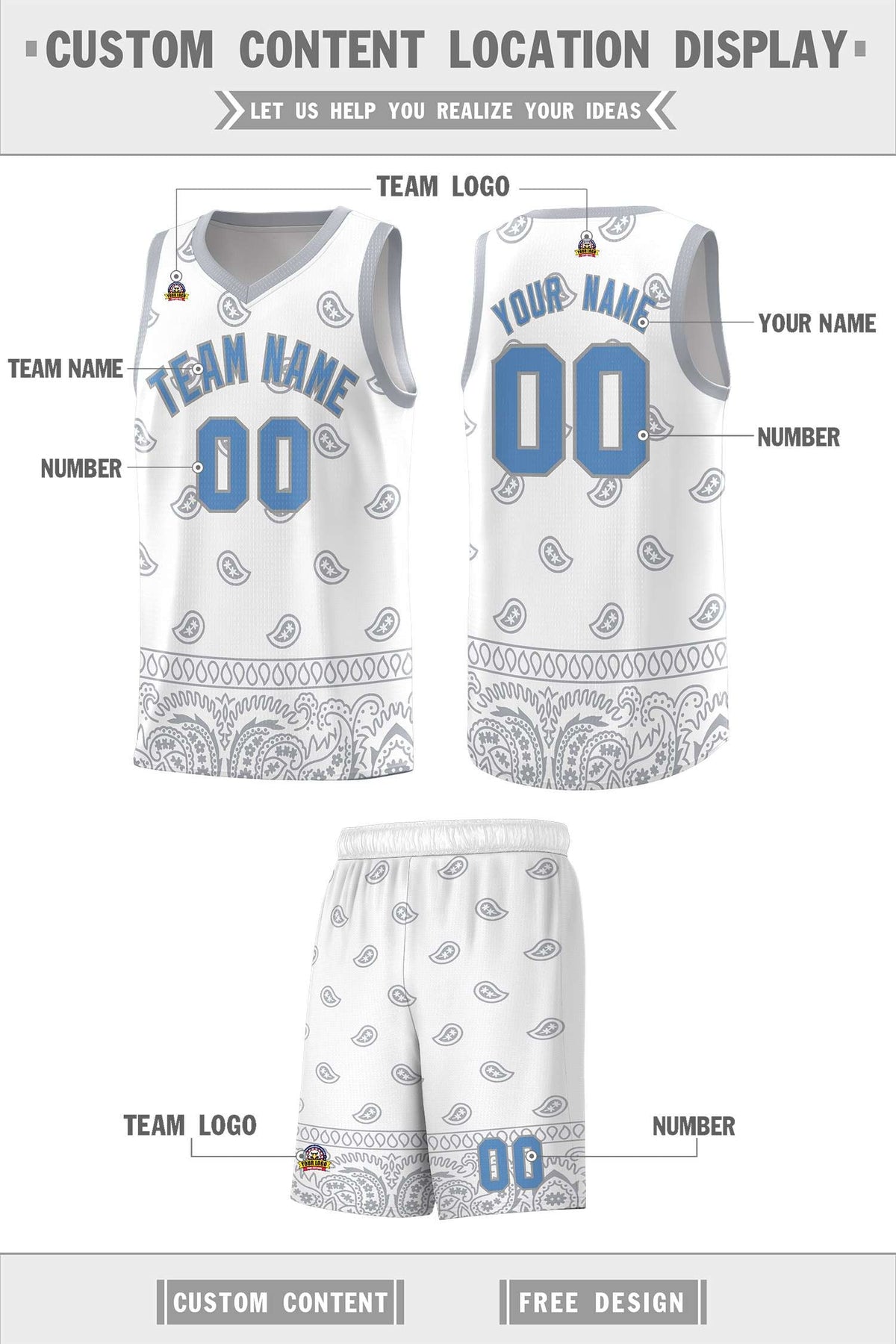 Custom White Gray Personalized Cashew Pattern Sports Uniform Basketball Jersey