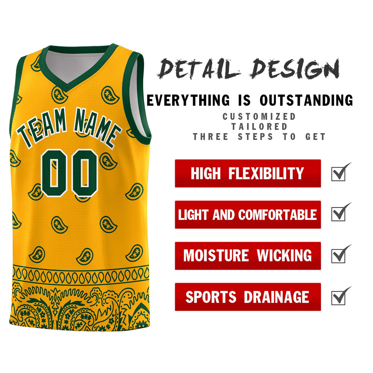 Custom Yellow Green Personalized Cashew Pattern Sports Uniform Basketball Jersey