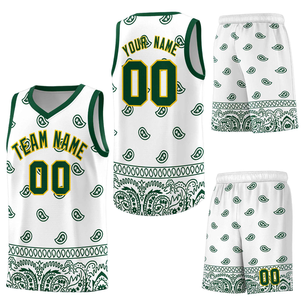 Custom Green White Personalized Cashew Pattern Sports Uniform Basketball Jersey