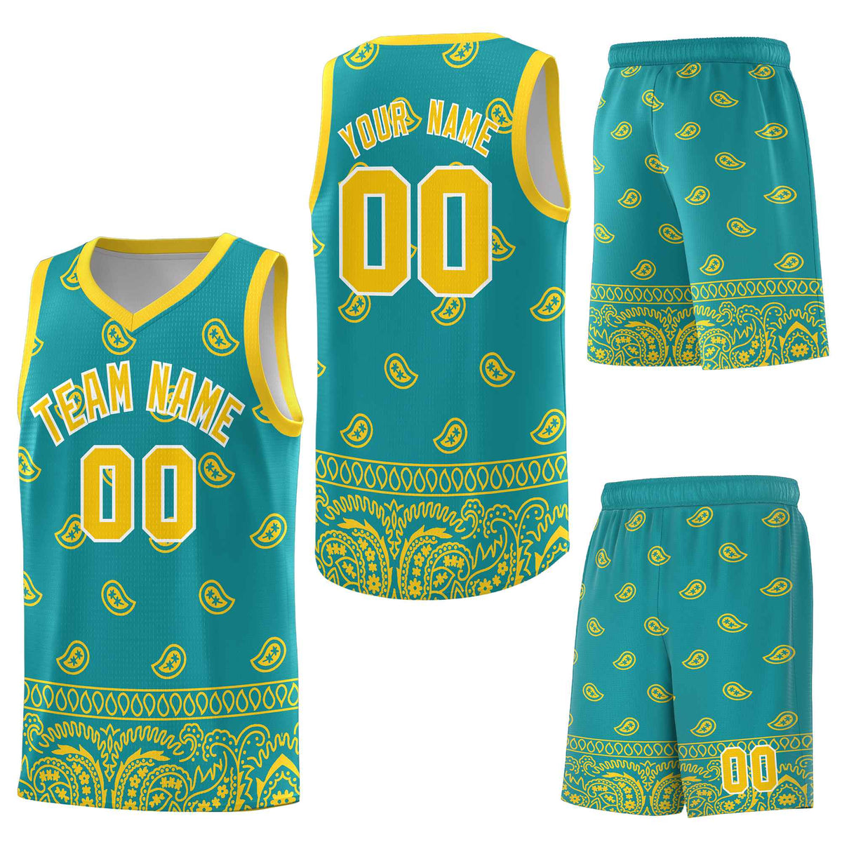 Custom Aqua Gold Personalized Cashew Pattern Sports Uniform Basketball Jersey