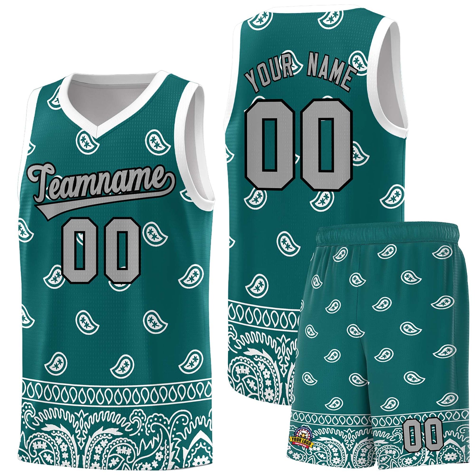 Custom Aqua White Personalized Cashew Pattern Sports Uniform Basketball Jersey