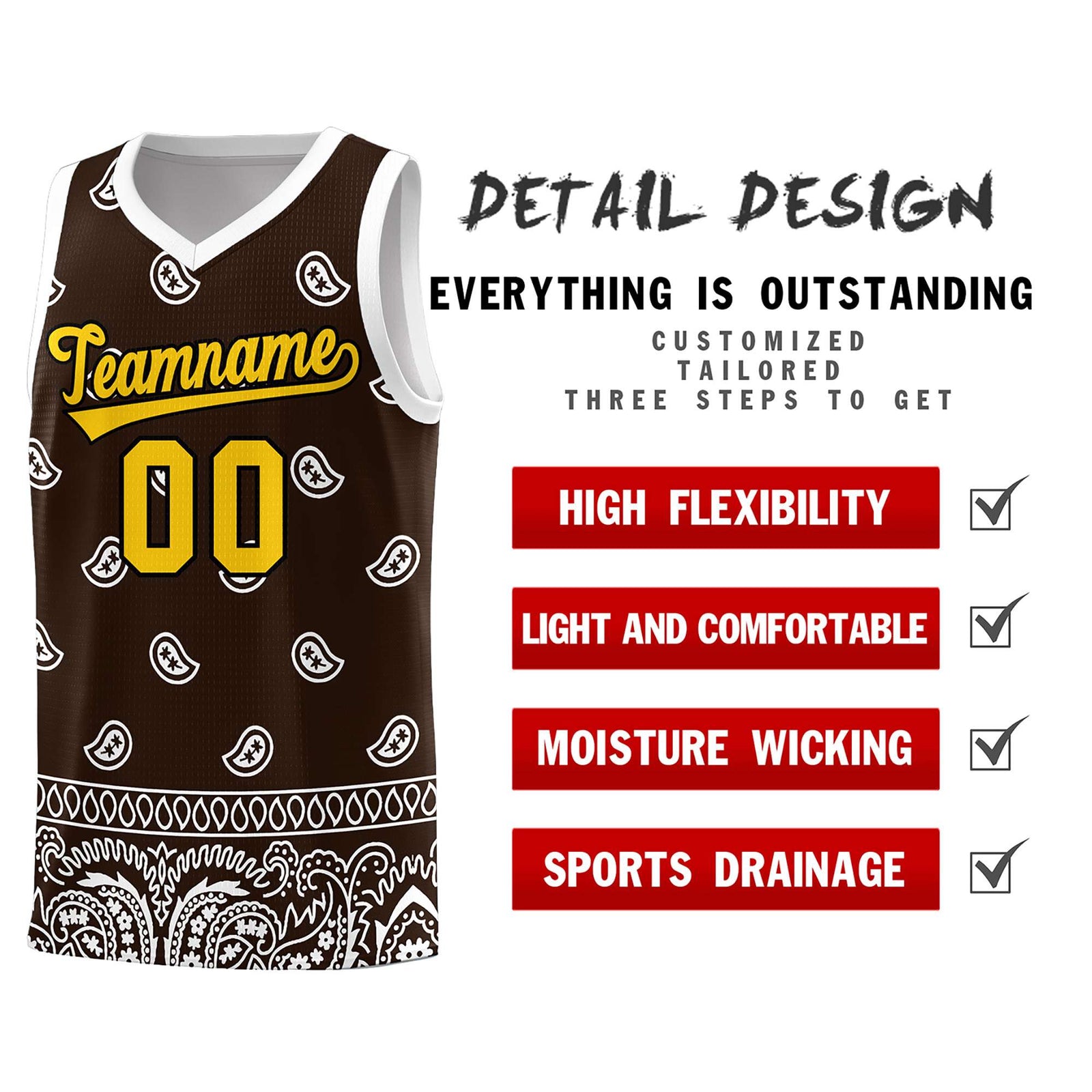 Custom Brown White Personalized Cashew Pattern Sports Uniform Basketball Jersey