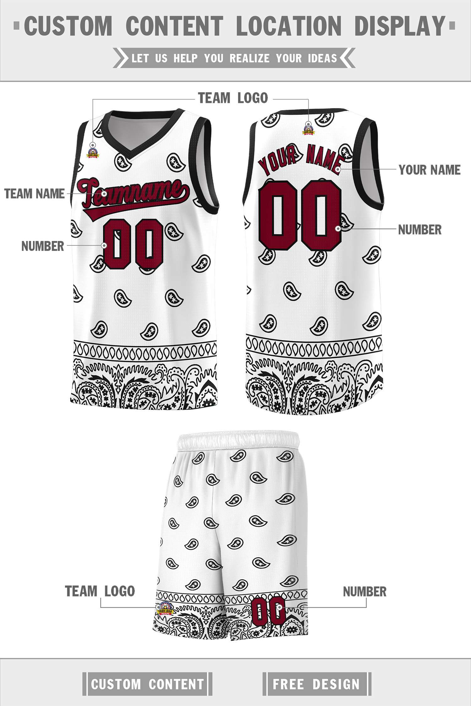 Custom White Black Personalized Cashew Pattern Sports Uniform Basketball Jersey