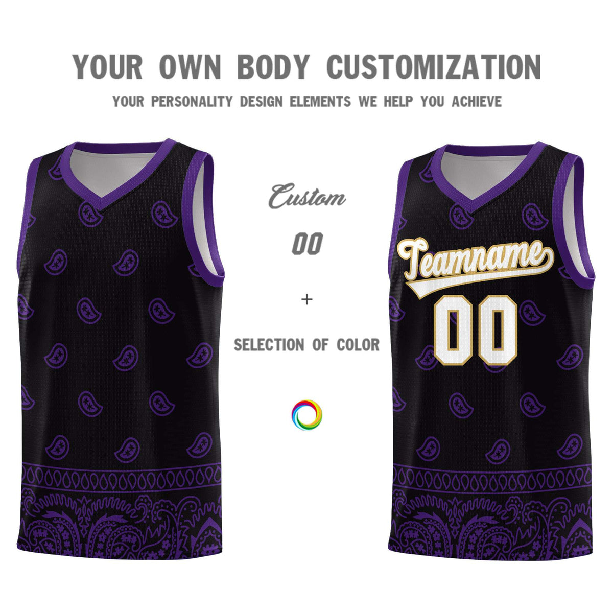 Custom Black Purple Personalized Cashew Pattern Sports Uniform Basketball Jersey