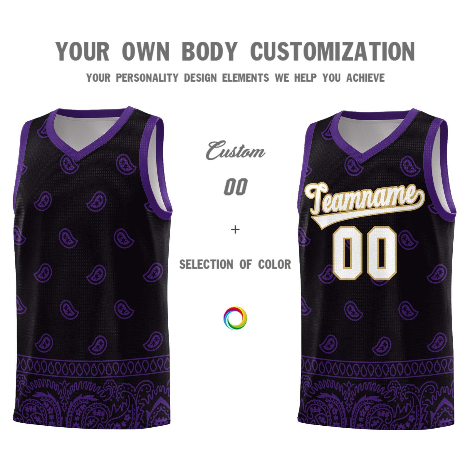Custom Black Purple Personalized Cashew Pattern Sports Uniform Basketball Jersey
