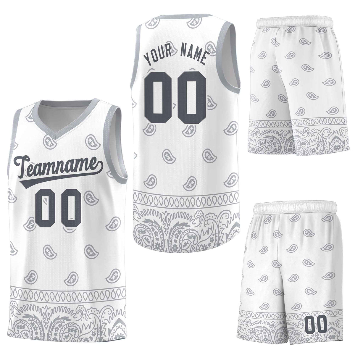 Custom White Gray Personalized Cashew Pattern Sports Uniform Basketball Jersey