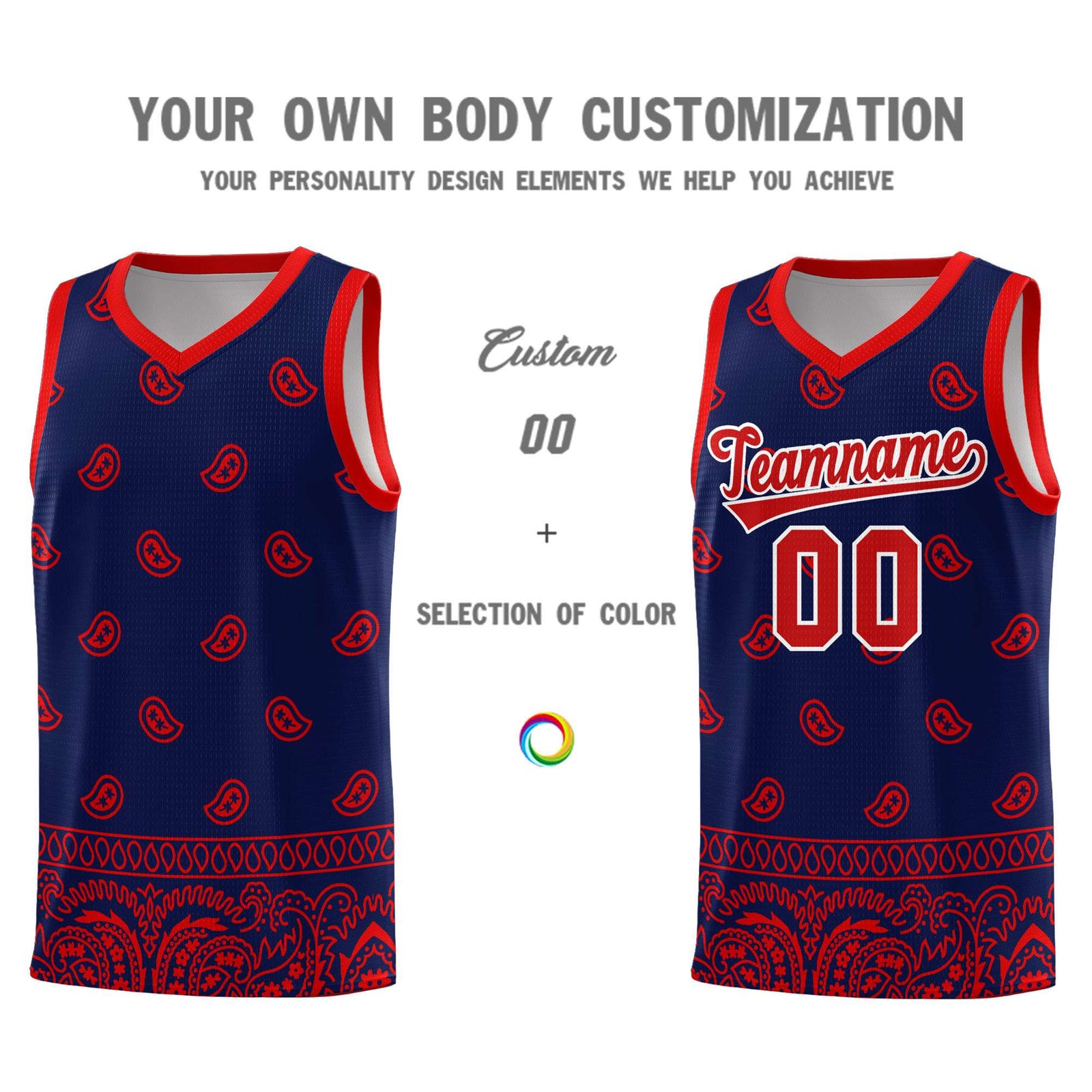 Custom Navy Red Personalized Cashew Pattern Sports Uniform Basketball Jersey