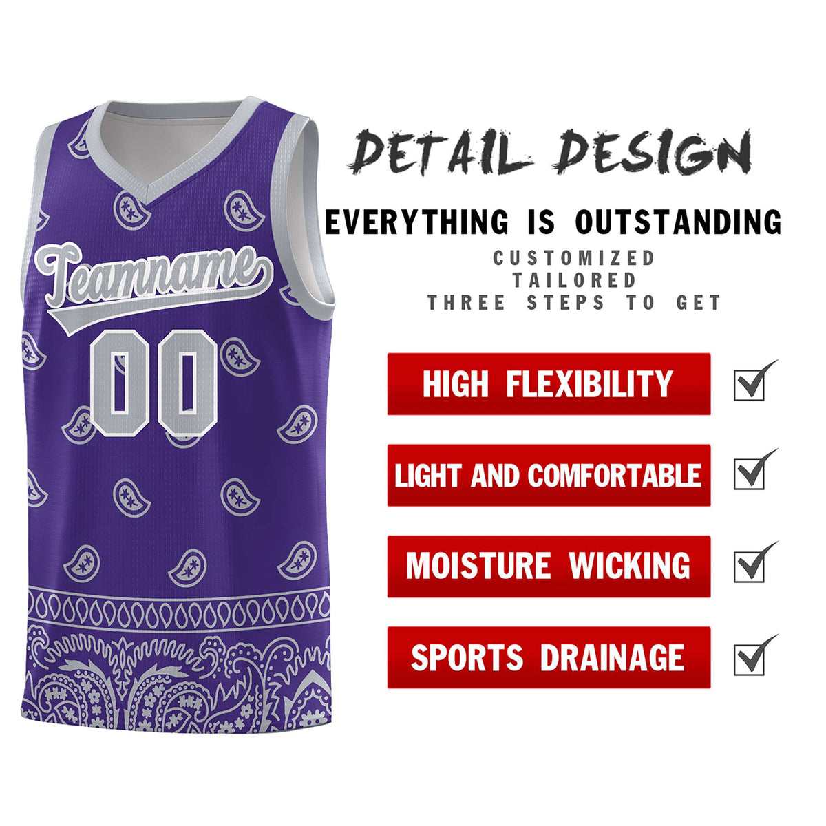 Custom Purple Gray Personalized Cashew Pattern Sports Uniform Basketball Jersey