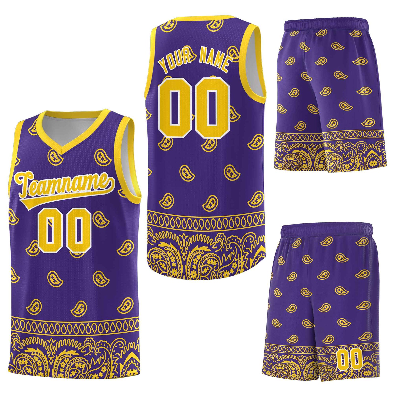 Custom Purple Gold Personalized Cashew Pattern Sports Uniform Basketball Jersey