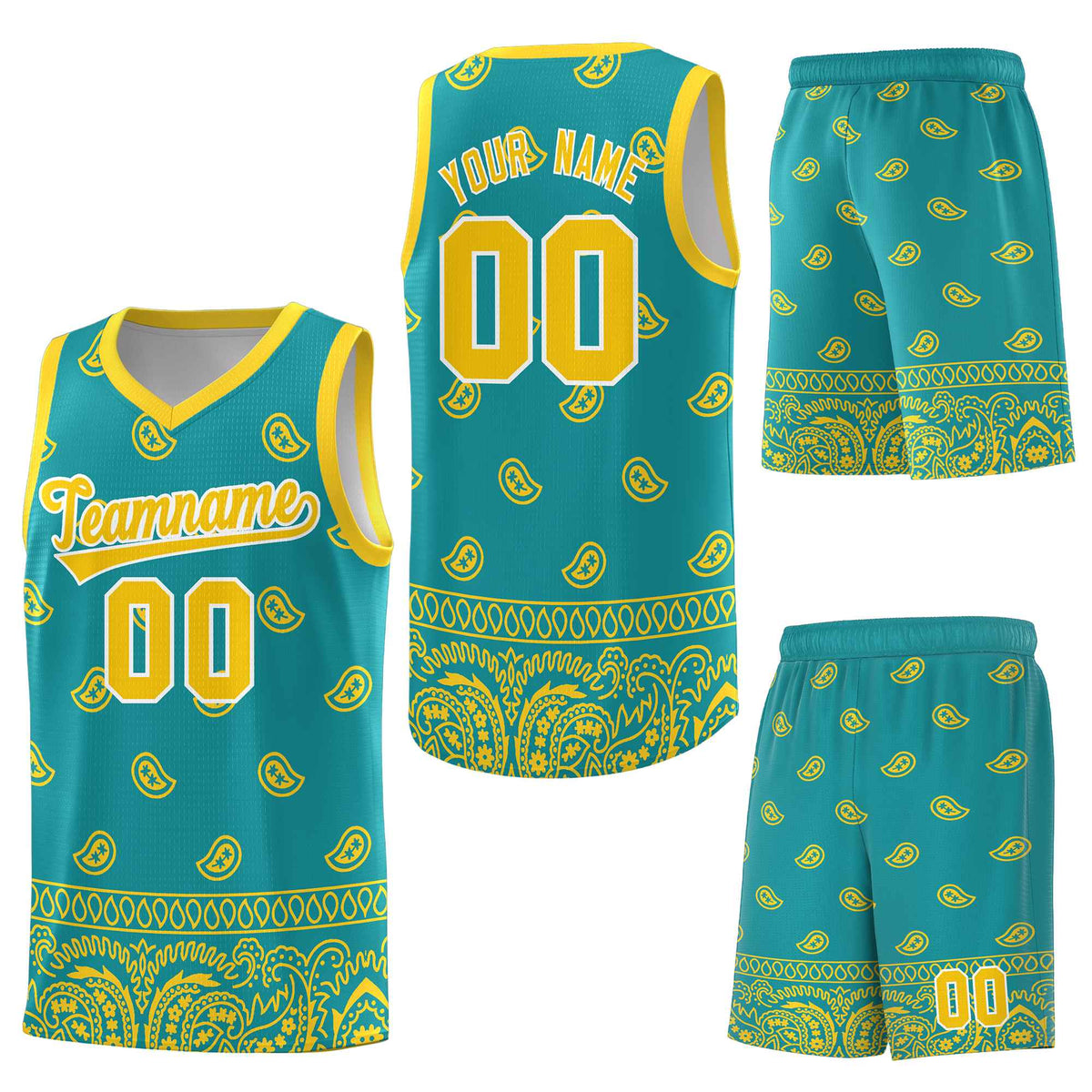 Custom Aqua Gold Personalized Cashew Pattern Sports Uniform Basketball Jersey