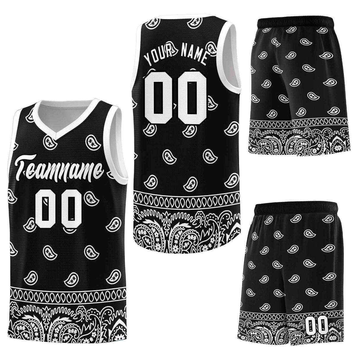 Custom Black White Personalized Cashew Pattern Sports Uniform Basketball Jersey